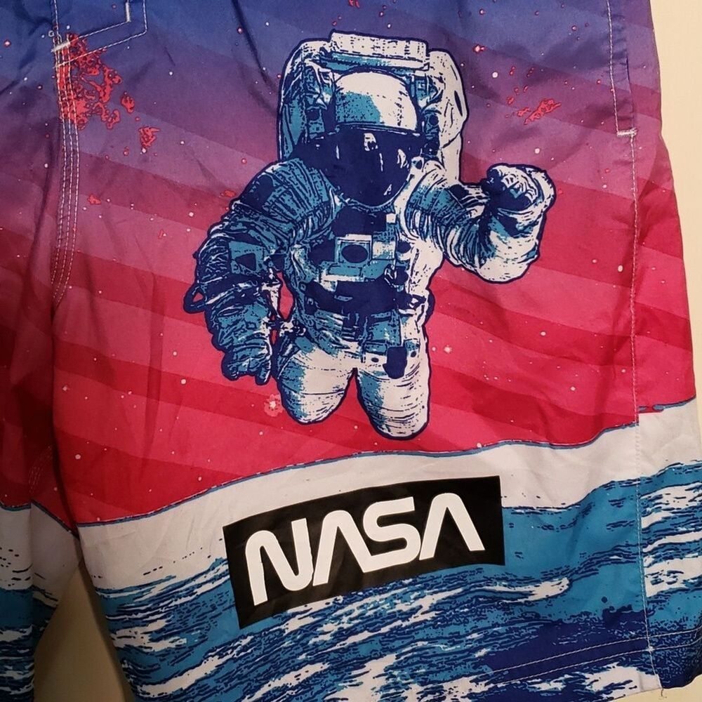 Buzz Aldrin Men's Blue Swimming Trunks, NASA Astronaut Detail, Size Medium